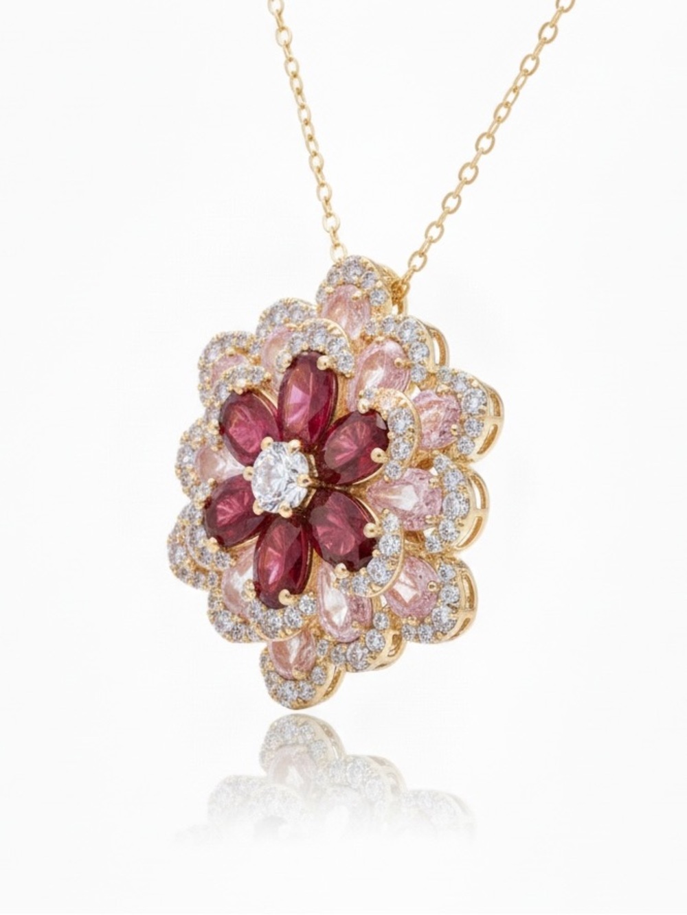 PINK RED CZ FLORAL PENDANT NECKLACE